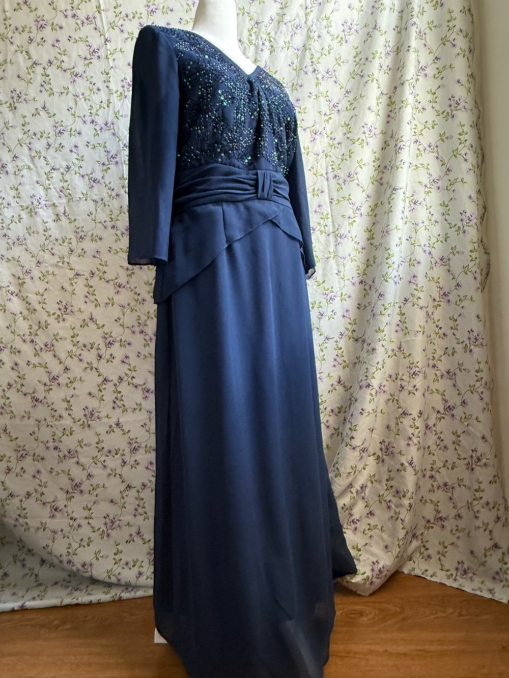 Navy Beaded Long-Sleeve Formal Dress with Draped Waist